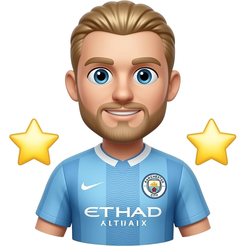 Haaland-inspired 3D emoji, full Manchester City jersey, 2 glowing stars beside torso. emoji