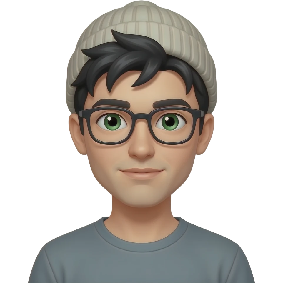 tall, early 20's, male, loose beanie, black hair, green eyes, glasses, attractive, emoji