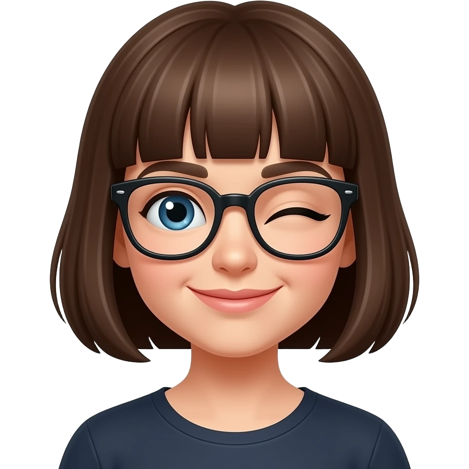 A woman with bangs and bobbed hair winking with glasses. Brown hair emoji