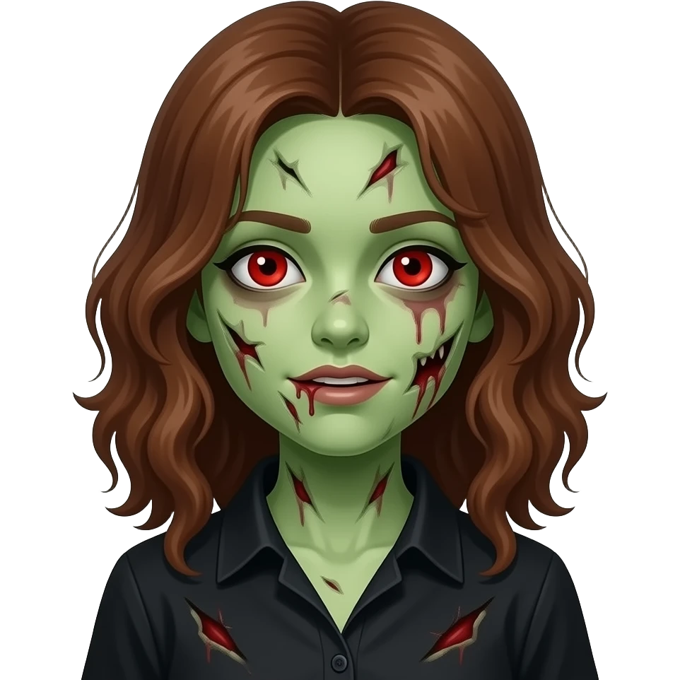 uma menina zumbi de pele verde e estragada com cabelo marrom ondulado e olhos vermelhos e blusa preta emoji