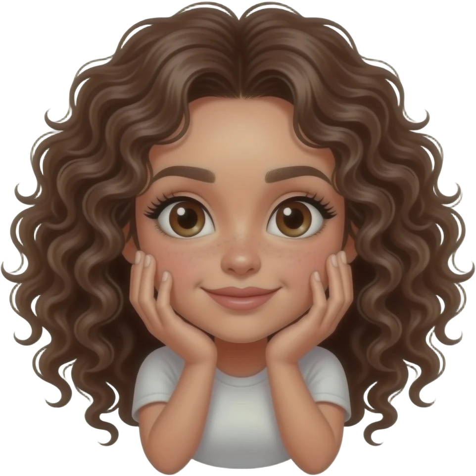 دختری مو فرفری با مژه های بلند با لبی طبیعی چشم قهوه ای رو در حالتل دست ها کنار صورت کهن روی هوا emoji