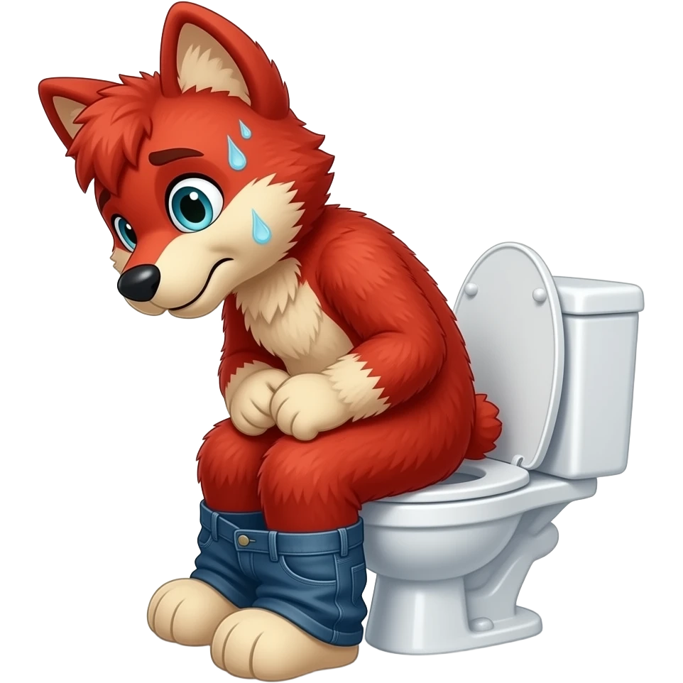 red fursuit sitting on toilet, side view , pants down, pushing, straining face,  uncomfortable, constipation , sweating, red face emoji