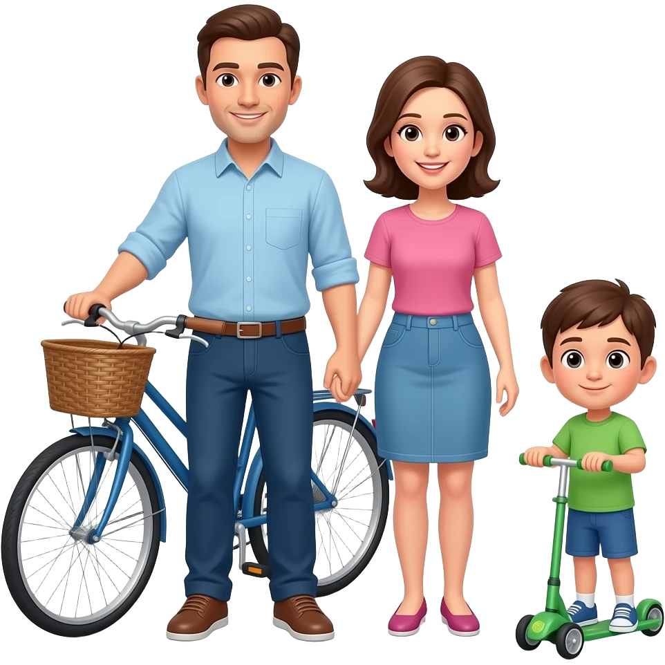 папа и мама стоят около велосипеда дети на самоках emoji