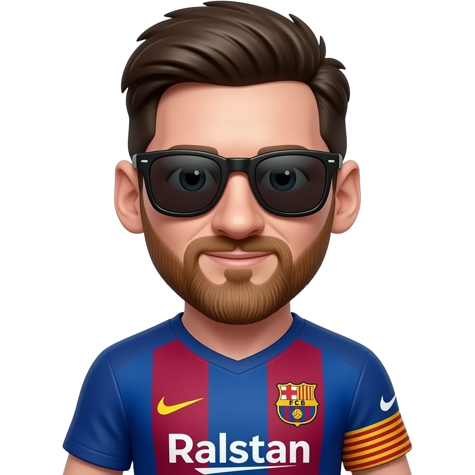 Messi-inspired 3D emoji, full Barcelona jersey, 1 large black sunglasses near waist. emoji
