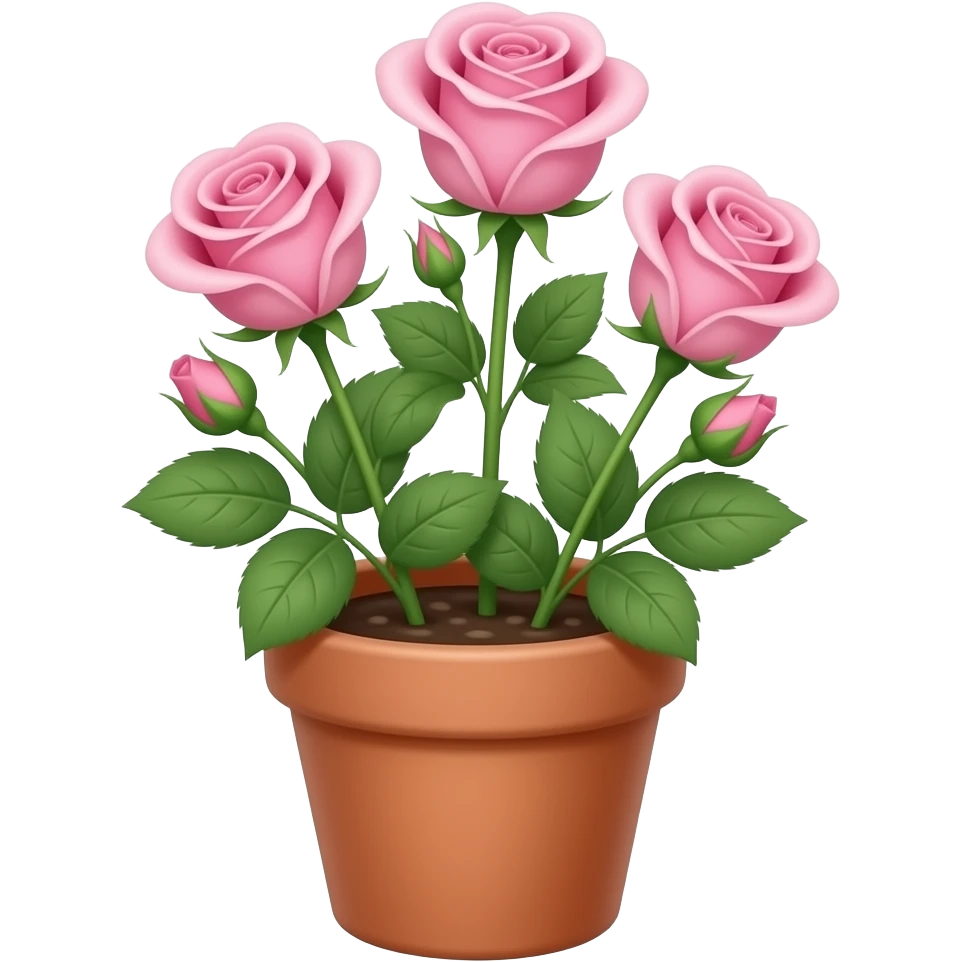 young pink roses in a terracotta pot with leaves starting to bud and ...