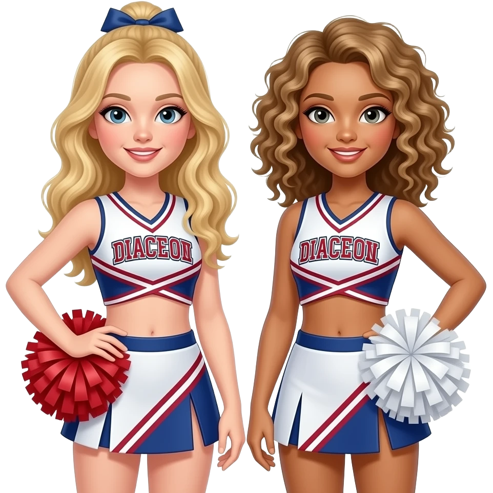 A strawberry blonde cheerleader beside a curly haired, dirty, blonde cheerleader emoji