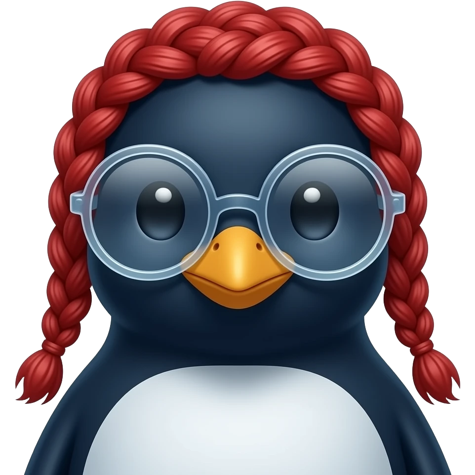 blue penguin with red very braided hair and glassess, just face emoji