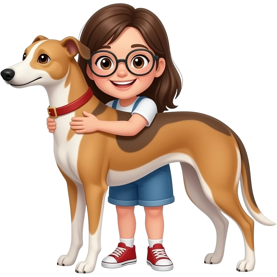 brunnete girl with big smile and glasses hugging a full color cinnamon fawn greyhound dog emoji