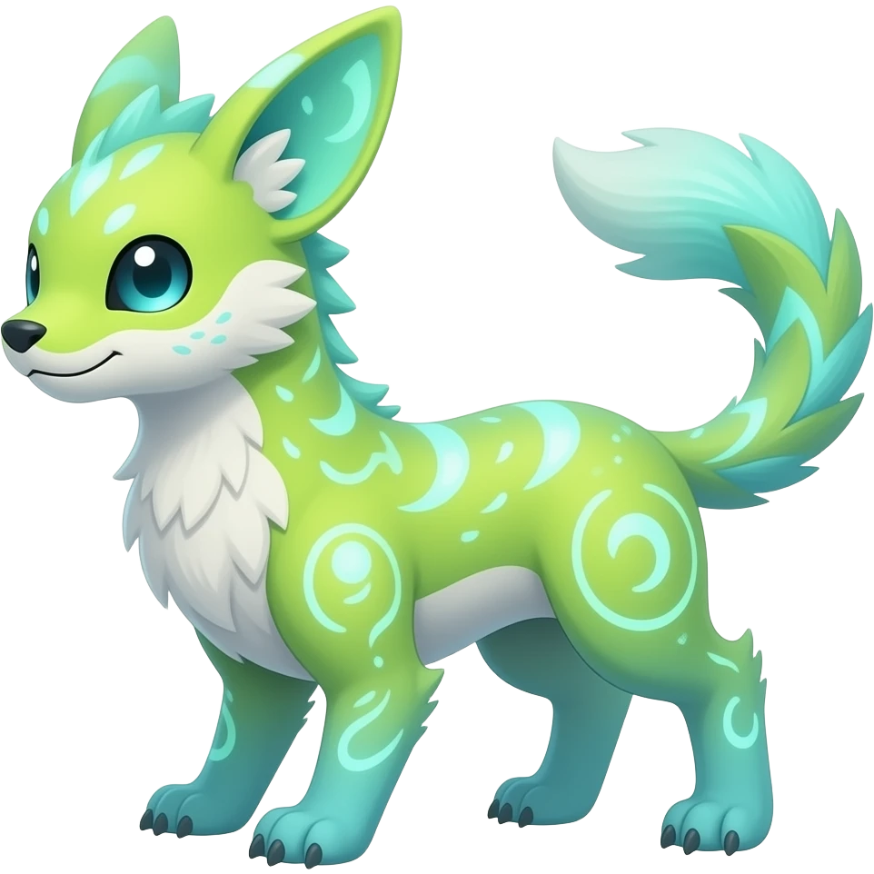 Rare realistic iridescent neon lime-green & cyan white gradients lush tropical exotic pretty beautiful handsome aesthetic colorful vibrant Vernid-Protogen-Primagen-Wickerbeast-Genet-Trico-species-Fakemon-hybrid-creature by LiLaiRa, beautiful intricate markings, bushy tail, full body emoji