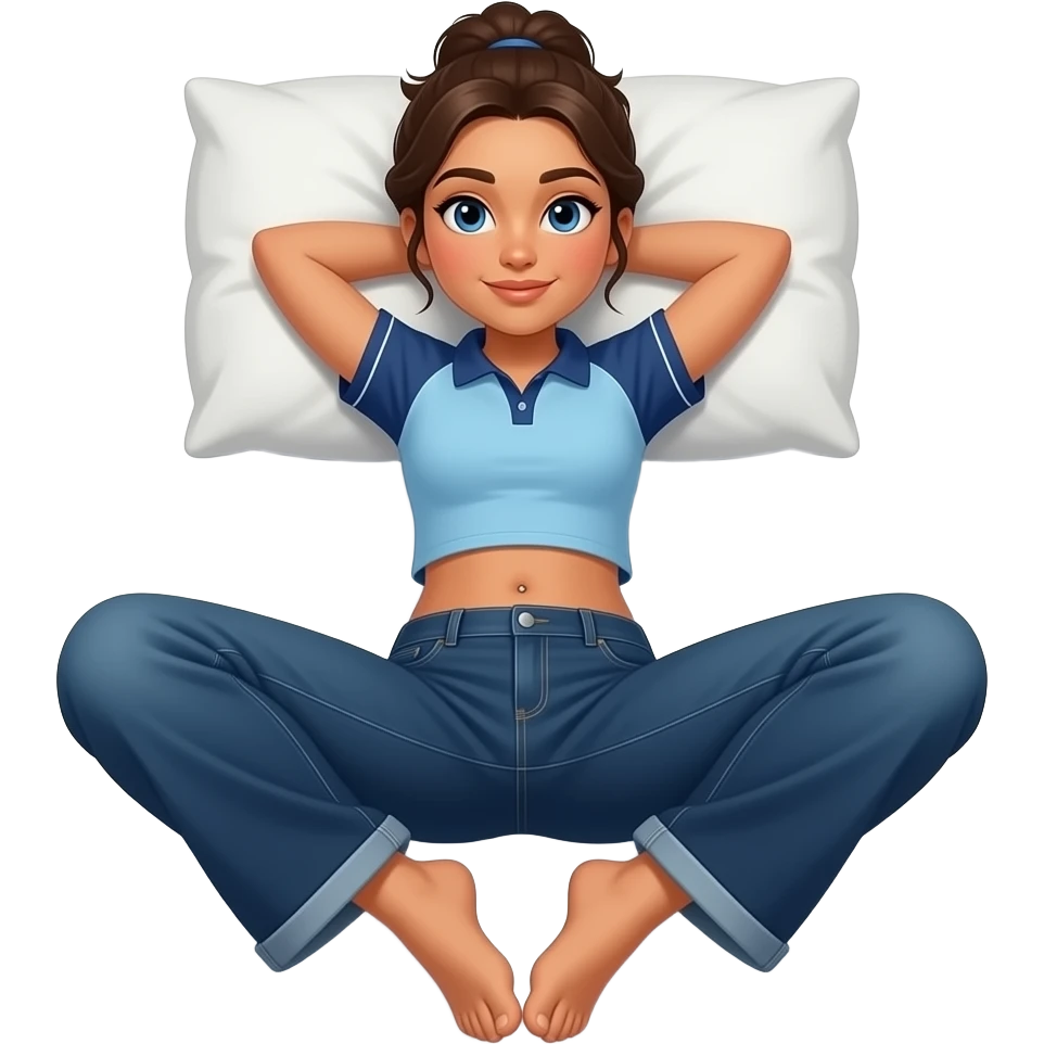 Hispanic girl with brown ponytail and blue eyes light blue and dark blue polo and dark blue baggy jeans and belly button laying down on her pillow on her bed showing her feet emoji