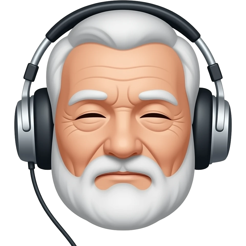 face of an elderly person with headphones mouth closed emoji