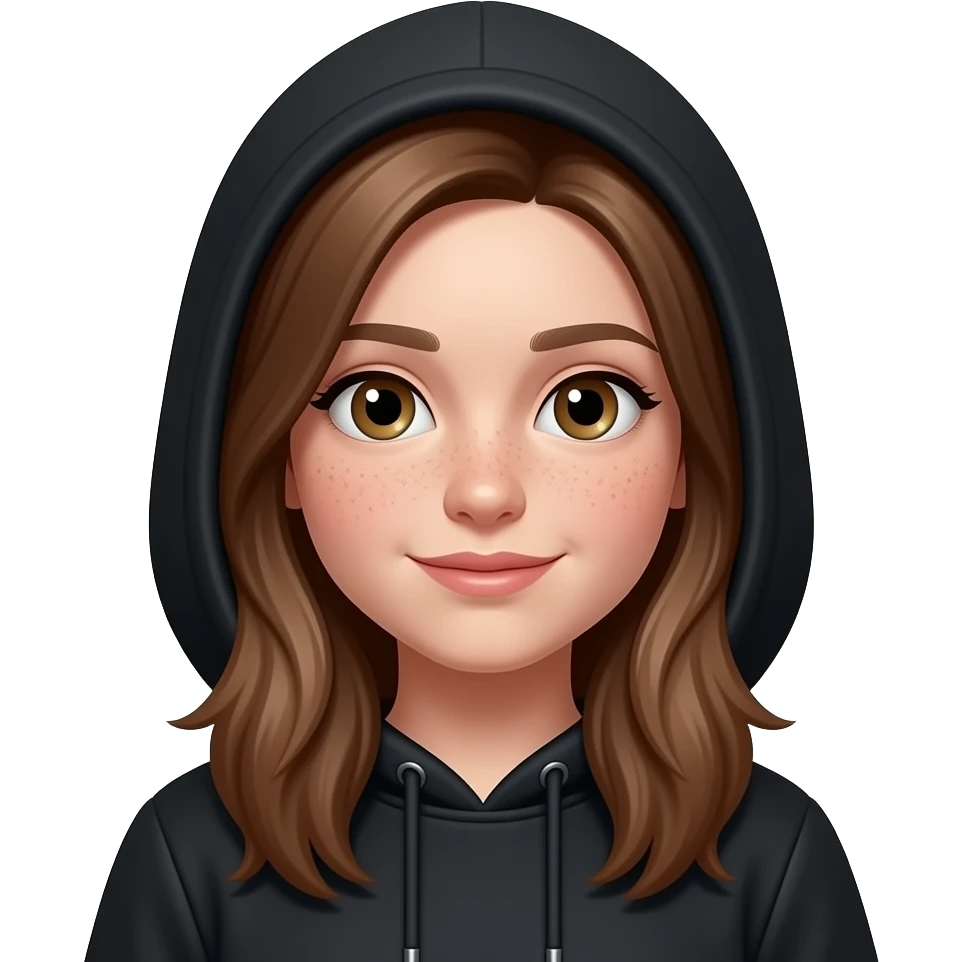 alrededor de la pupila son de color mrrones y luego verdes, pero claros. un chica de 15 años, blanca con peccas, pelo marron  y largo con sudadera negra y con capucha emoji