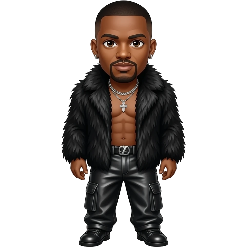 O'Shea "Ice Cube" Jackson with dark brown eyes, black buzz cut hair, black fur shawl, black metallic baggy pants, shirtless with necklace and earrings emoji