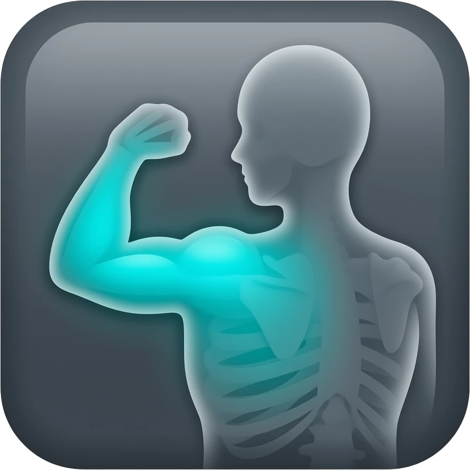 Minimal anatomical icon, dark background, front view arms in dark grey, ONLY the biceps muscle bulge on the FRONT highlighted in glowing cyan-teal #00D4B1 emoji