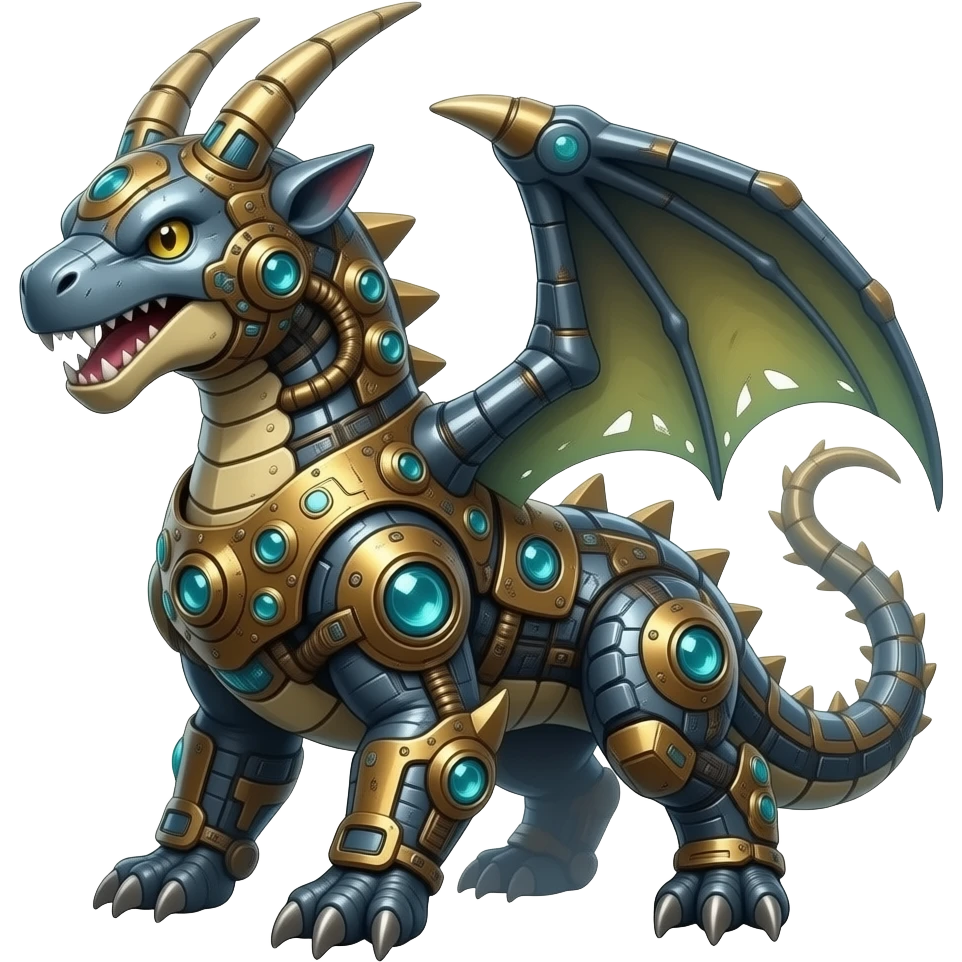 ancient vintage futuristic fantasy-Cyberpunk-Steampunk-Solarpunk-Genesect-Salamence-Tyranitar-Brony-Vernid-Fionbri-Fakémon-animal-hybrid, full body emoji