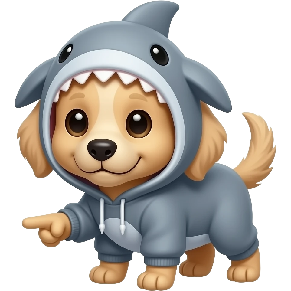 cute blonde puppy with grey shark hoodie pointing down emoji
