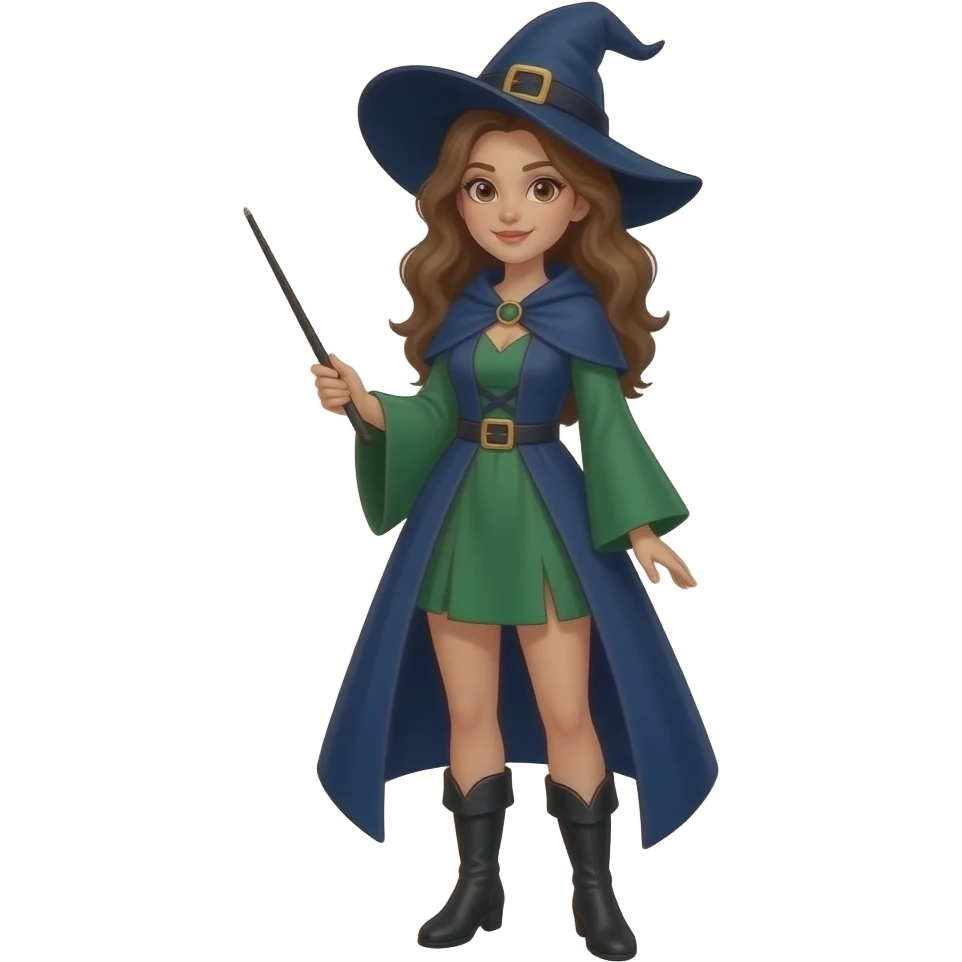 A full body White/Fair skinned woman with brown hair and brown eyes and wearing a Blue and forest green Witch outfit with black ankle boots and holding a pure black wand. emoji