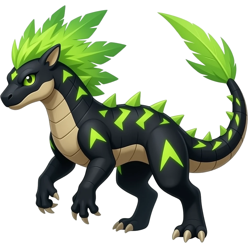 Cool edgy ancient black-scaled with neon-colored triangular stripe markings digitigrade bipedal vintage futuristic fantasy-Cyberpunk-Steampunk-Solarpunk-Genesect-Salamence-Tyranitar-Vernid-Fionbri-Fakémon-animal-hybrid, with neon-green feather-mane, and a tail blade, back spikes, full body emoji