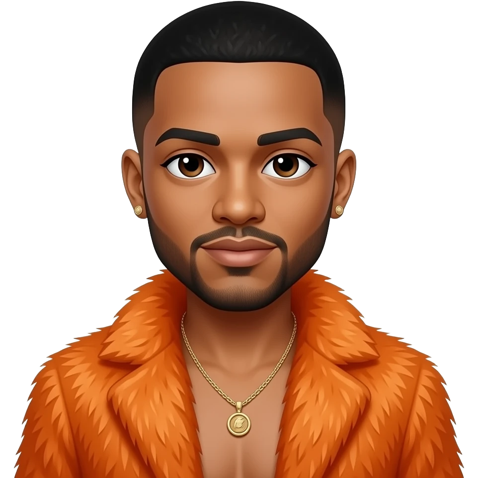 Trey Songz with dark brown eyes, black buzz cut hair, orange fur coat, shirtless with necklace and earrings emoji