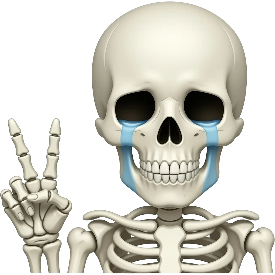 crying skeleton face holding peace sign with right hand emoji