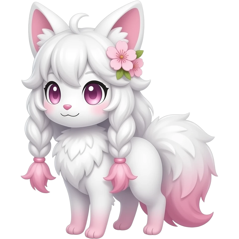 White kawaii realistic sakura floral Fuzzy slim oriental feathery long-haired beaded mane cozy rosy aesthetic feathery Rosy beautiful Sylveon-Furret-Fennekin-Minccino-Espeon-Fakémon-hybrid emoji
