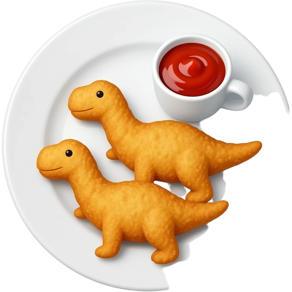 3 chicken nuggets shaped like dinosaurs laying flat on the plate and a little cup with ketchup on a white plate emoji