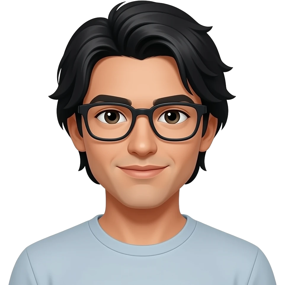 20 year old, tan skin, handsome guy, black hair, middle part medium long hair, black frame glasses emoji