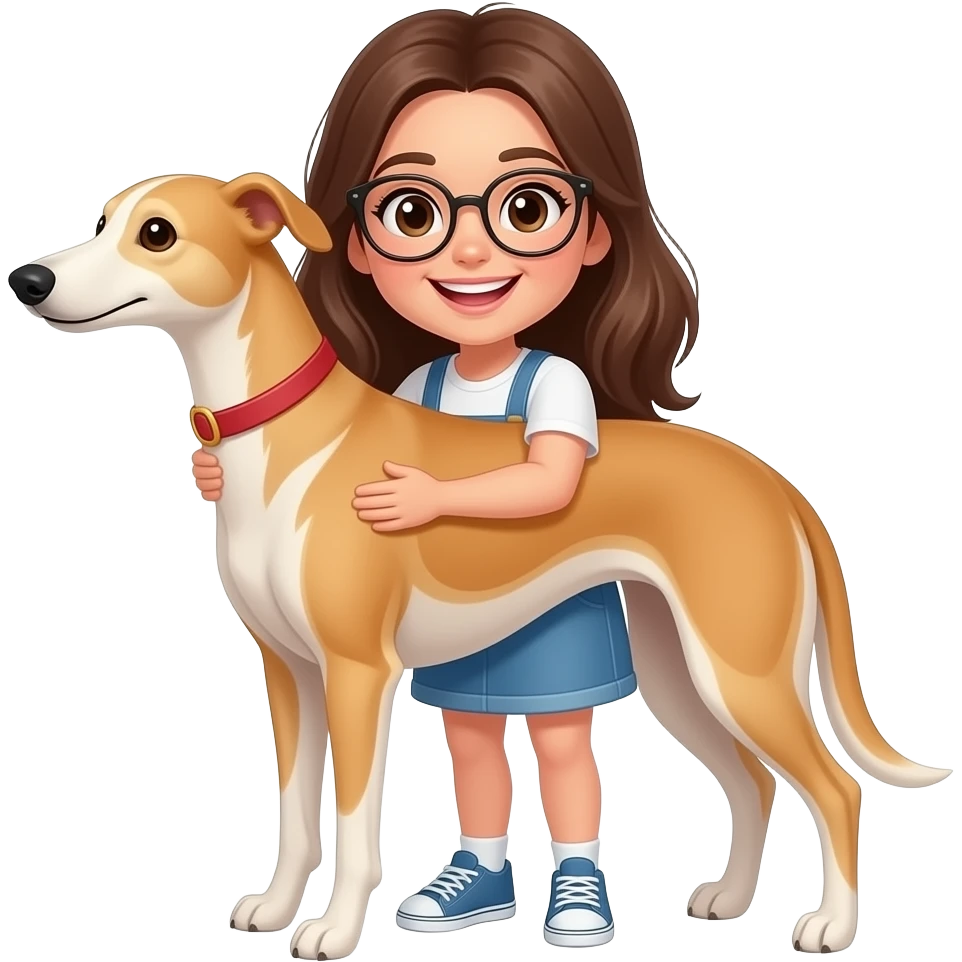 brunnete girl with big smile and glasses hugging a honey color greyhound dog emoji