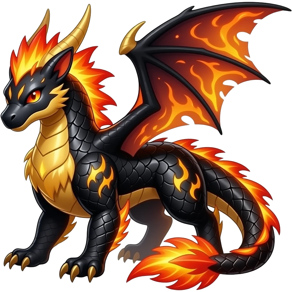 Shiny edgy cool badass fiery gold volcanic feathery spicy Furry scaly oily black with neon-markings Salandit-Salamence-Ekans-Seviper-Rapidash-Salazzle-Fakemon-hybrid emoji