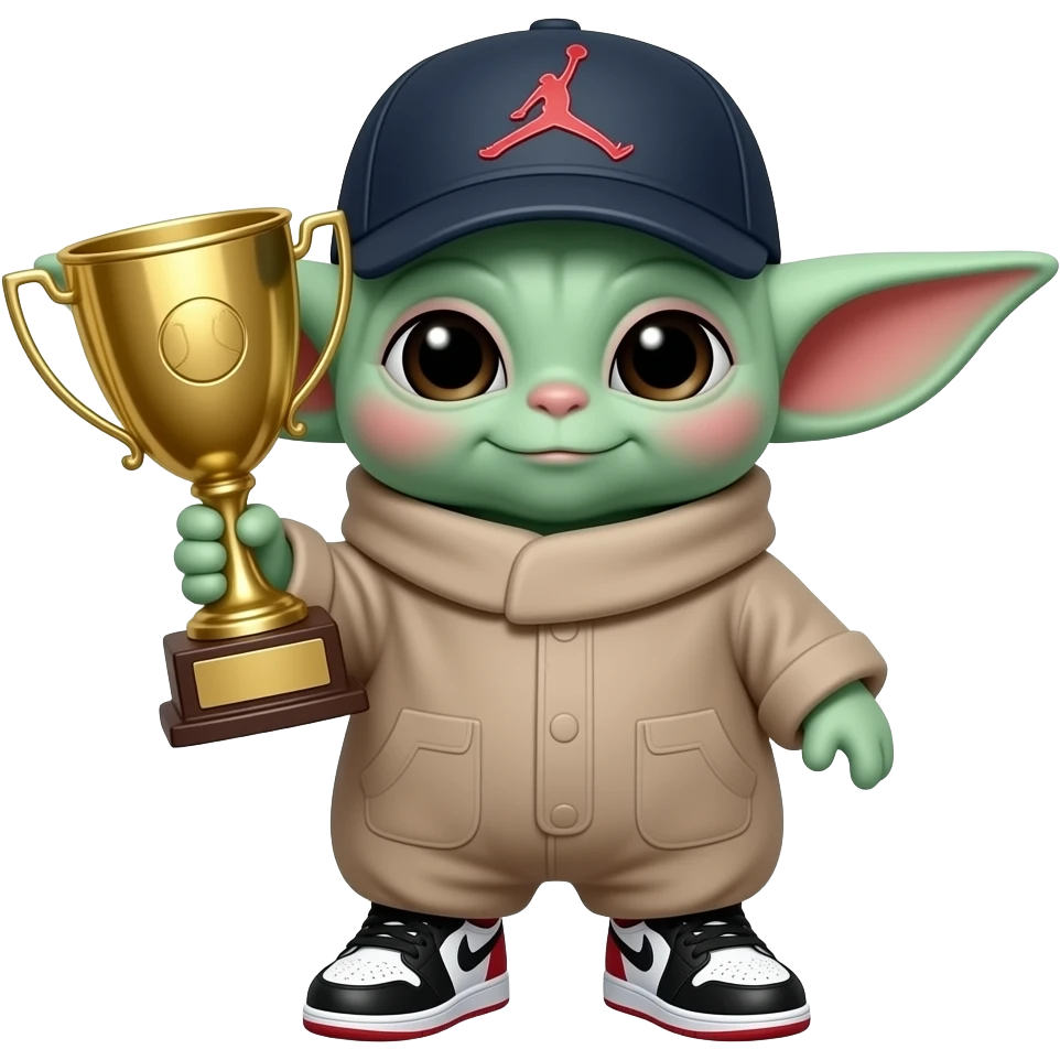 baby yoda with hat and jordan 1 on feet grab the mlb trophy emoji