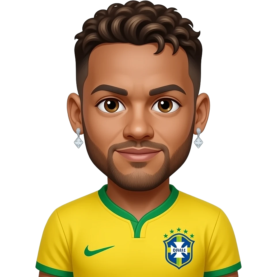 Neymar emoji avatar, Brazil jersey, cute cartoon style. Two identical diamond earrings floating near both cheeks. emoji