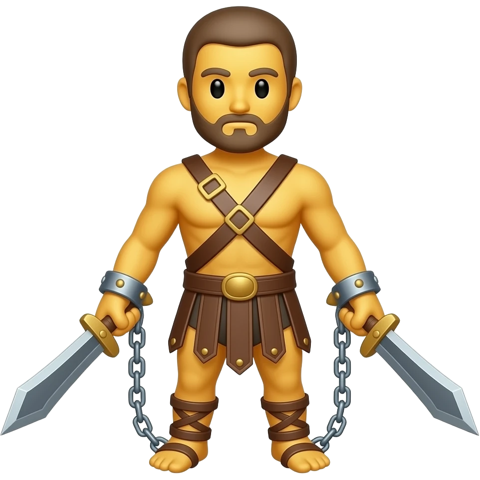spartacus, minimal, full body, yellow skin, tipical emoji caracter style, more emojis style, more minimal, with weapons, more simplistic, emoji style, not to detail, not to cartoonish, not to realistic, shackles on wrist with broken chains emoji