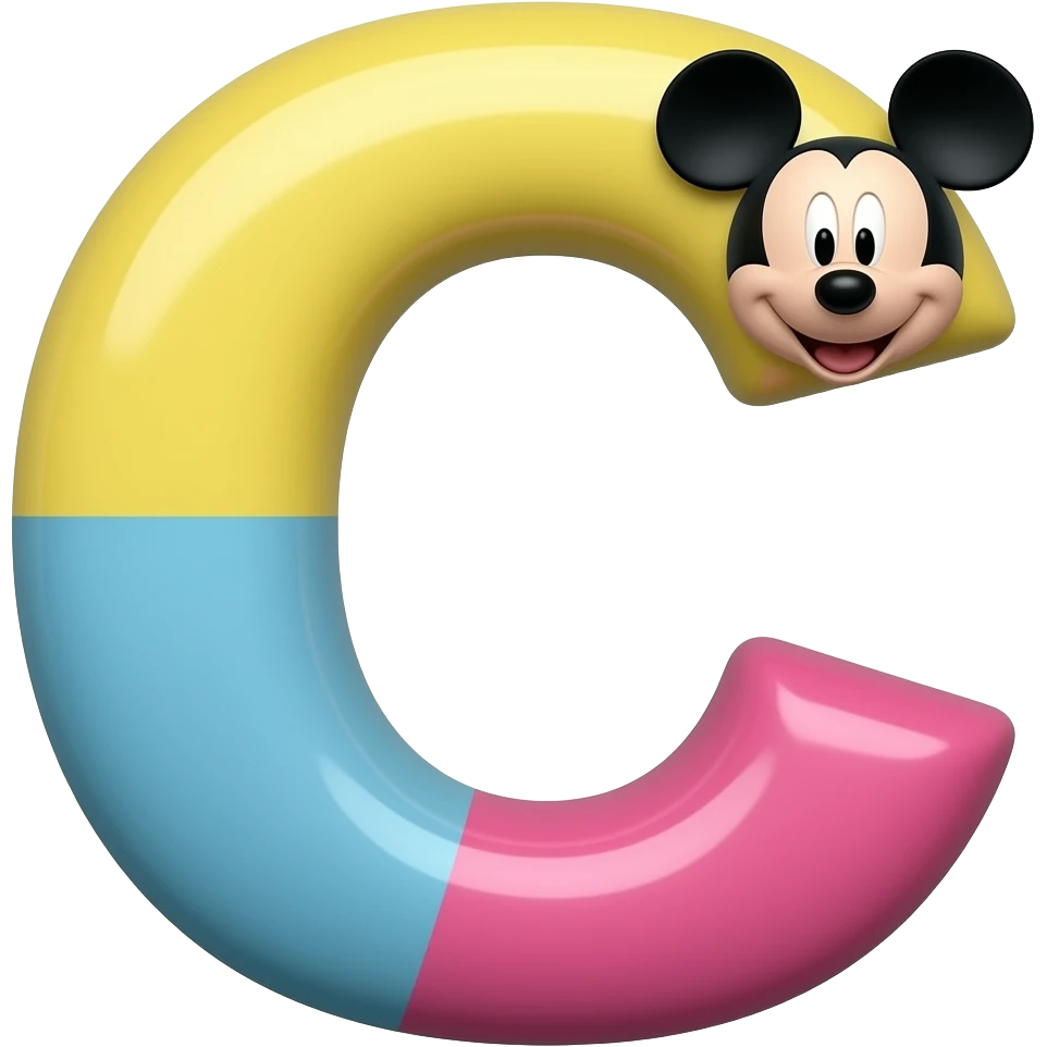 letter c in yellow blue and pink colours having a micky mouse face on its top corner emoji