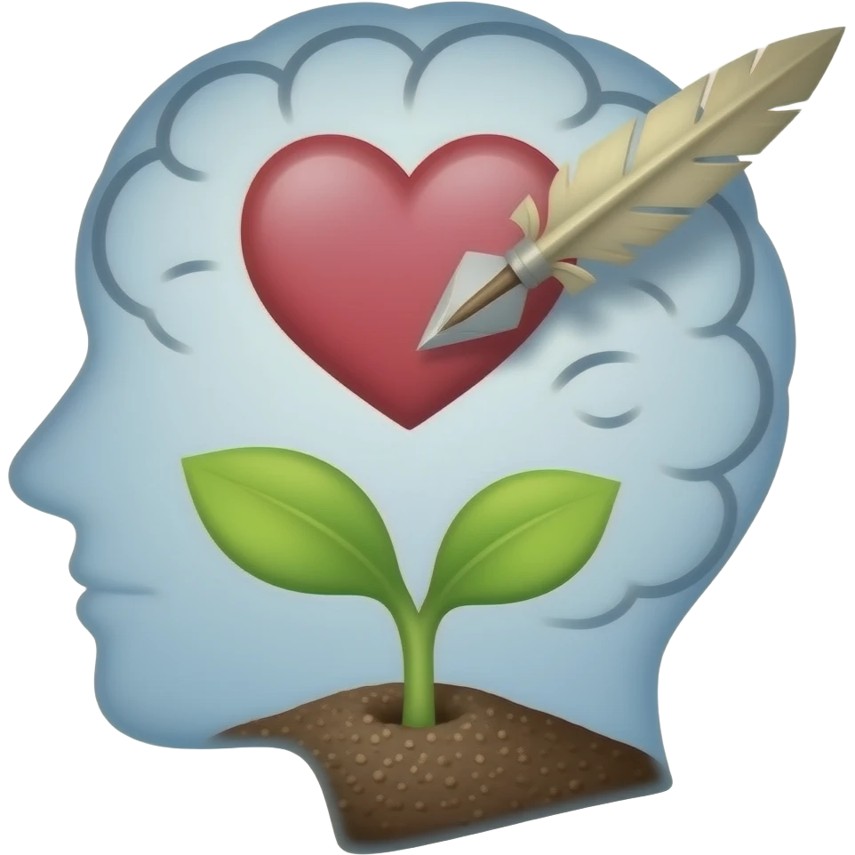 The outline will be a mind. Inside, there is a heart written by a quill. Add an extra symbol to symbolize newness/restoration. Make this colorful and biblically accurate + so holy. like verryyy holy. Make the artwork cartoonish emoji