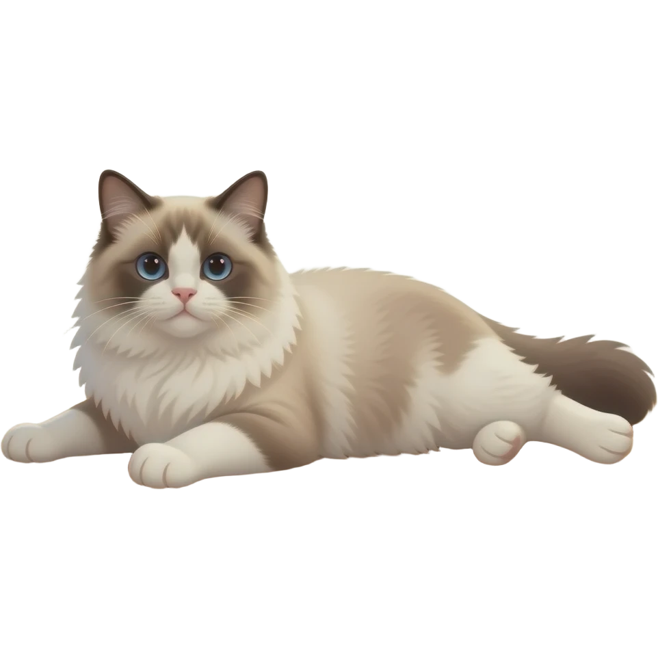 very cute, fluffy ragdoll cat lying stretched out on a wooden floor, sunbeam lighting, high quality, highly detailed, cute pose. emoji