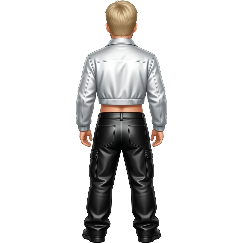 Nick Carter from behind with light blonde hair, white metallic jacket crop top, black metallic baggy pants, shirtless emoji