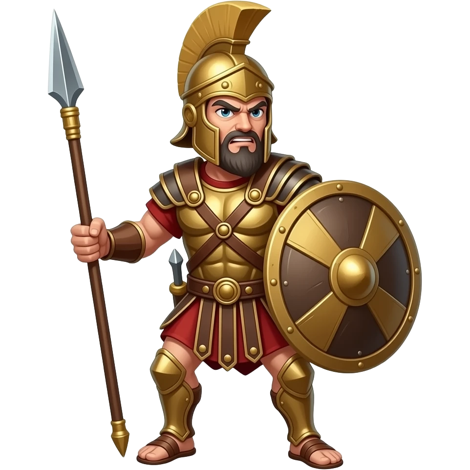Roman Spartan warrior with full body from 300 movie full body with beard and more aggressive more fatal and hold spear and shield with v mark emoji