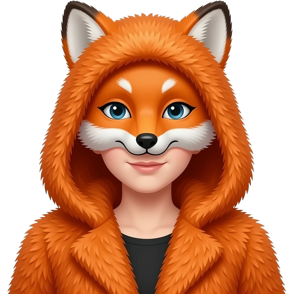 Half body emoji of a girl in full face orange fox mask, orange fur coat and hood on, bald emoji