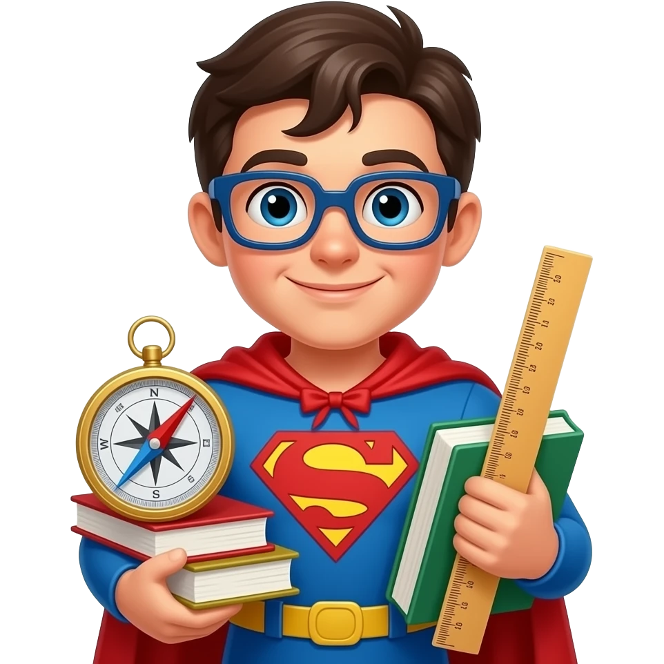 талисман школы  в образе супергероя с книгами и циркулем и ленейкай emoji