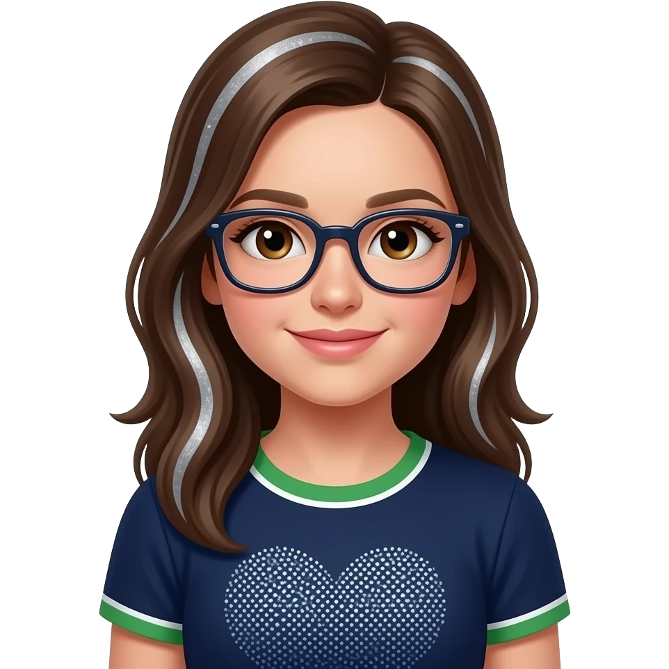 È una femmina   ha gli occhi marroni e ha gli occhiali  oro ha 12 anni e adora la ginnastica artistica e la sua maglietta he blu scura un bordino verde e bianco con i glitter argento Ha i capelli castani  pochi glitter argento e togli gli occhiali emoji