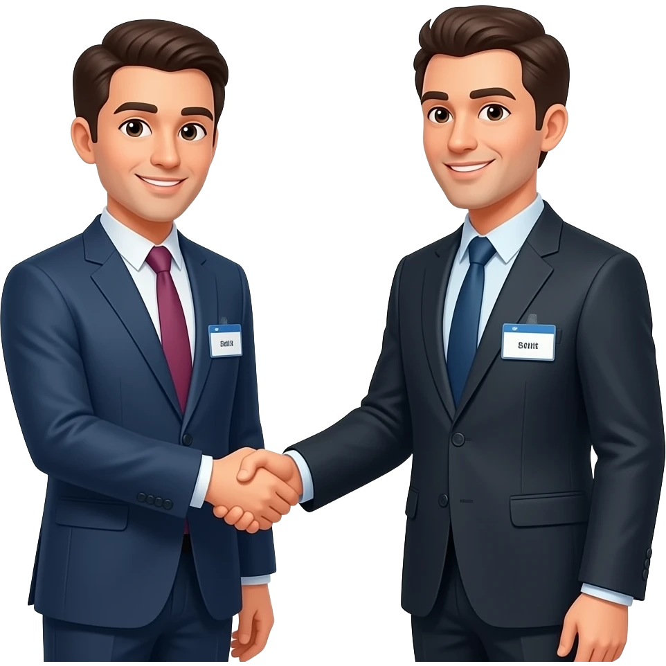 Two people meeting at a networking event shaking hands and that have name tags on their right chest or shoulder emoji