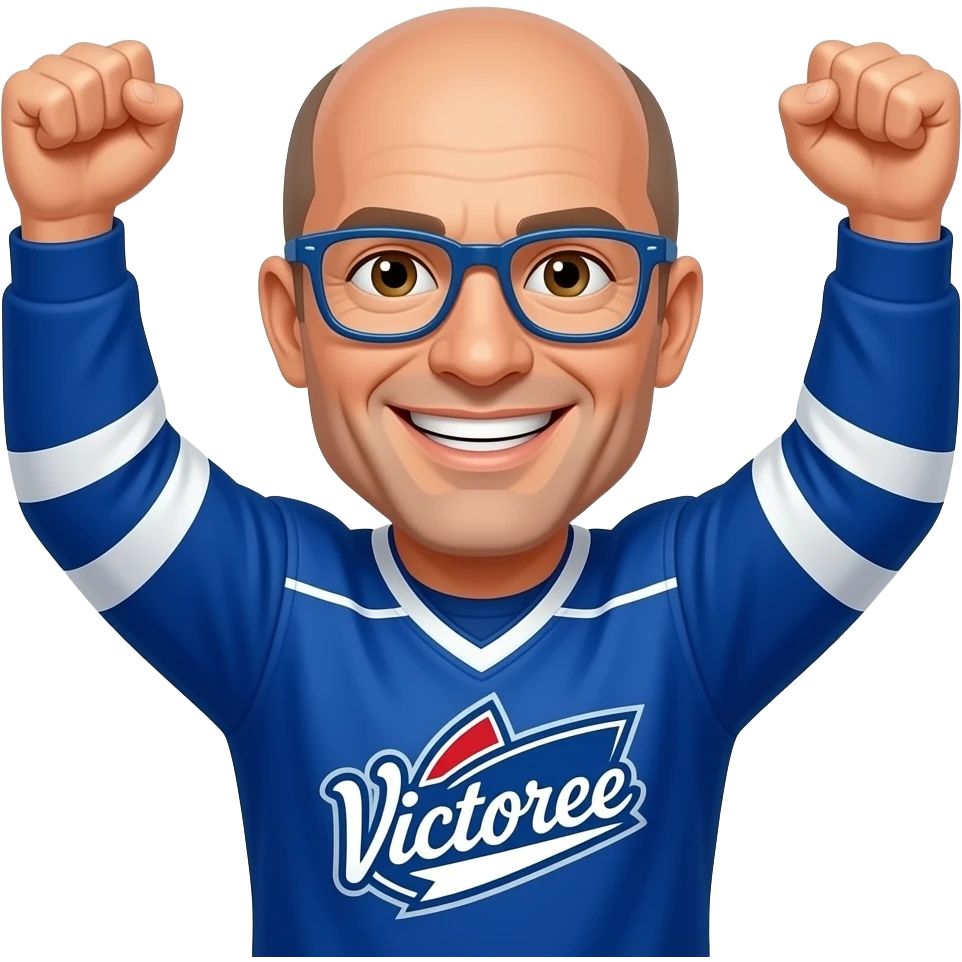 Male, Brown eyes, square jawed ,no hair, thin blue glasses,50 years old, Montréal Victoire jersey, smiling showing teeth, cheering arms up emoji