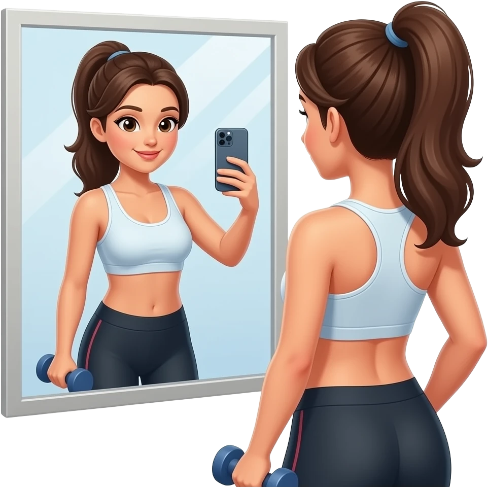 A beautiful woman exercising and taking a selfie in front of a mirror. emoji