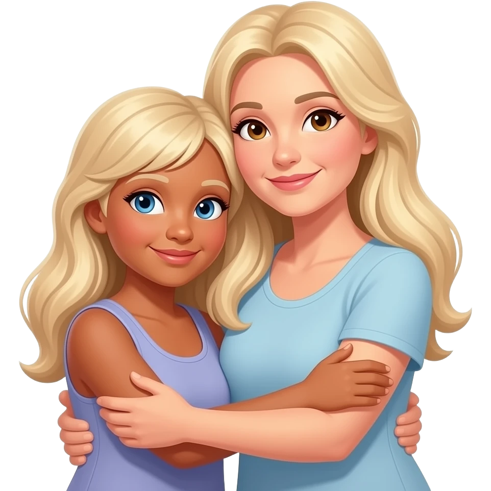2 middle aged women, long blond hair, one blue eye 1 brown, both white, short one has a tan, 1 short 1 tall hug emoji