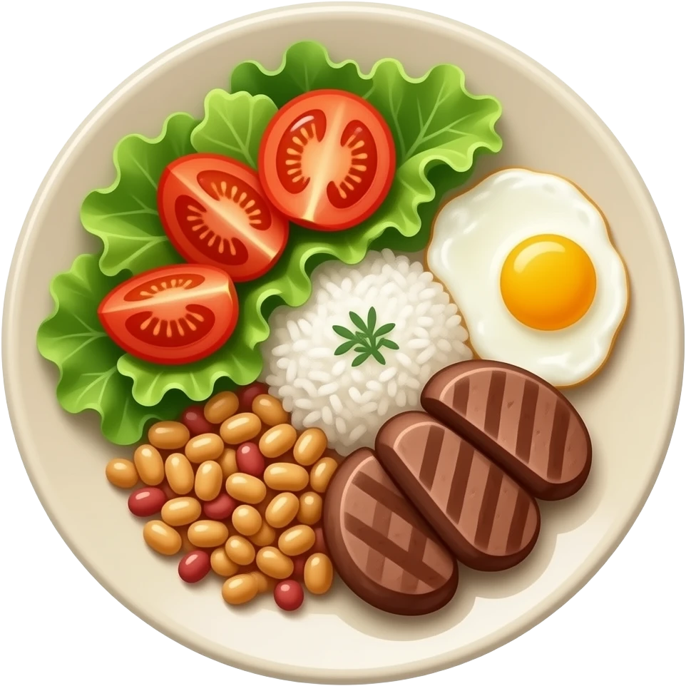 Prato de comida de porcelana beje bem fitnees, com salada de alface e rodelas de tomate arroz feijão ovo mexido e bife emoji