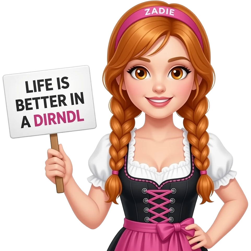sexy girl with overlong ginger braids and ginger eyes wearing a black pink dirndl and a pink headband with ZADIE written on it, is holding a sign with LIFE IS BETTER IN A DIRNDL written on it emoji