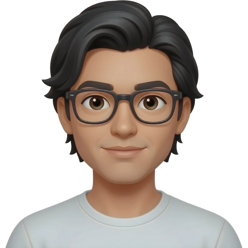 20 year old, tan skin guy, black hair, middle part medium long hair, black frame glasses emoji