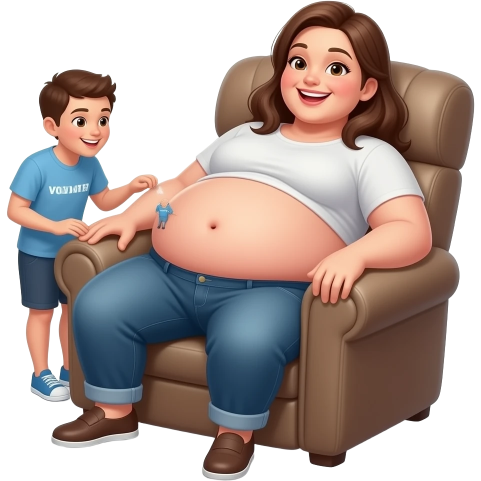 A female giant rests on a recliner sofa,with friendly gentle manner she hangs out her overfed rotund exposed belly,so the tiny volunteer admirers can use the girl’s vulnerable belly to bounce on,The female giant giggles because her bellybutton is ticklish. emoji