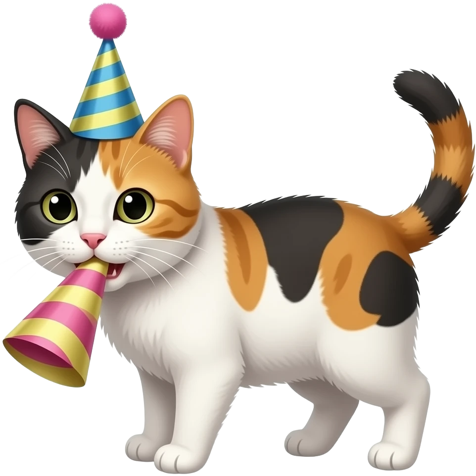 Calico cat chewing a party hat emoji