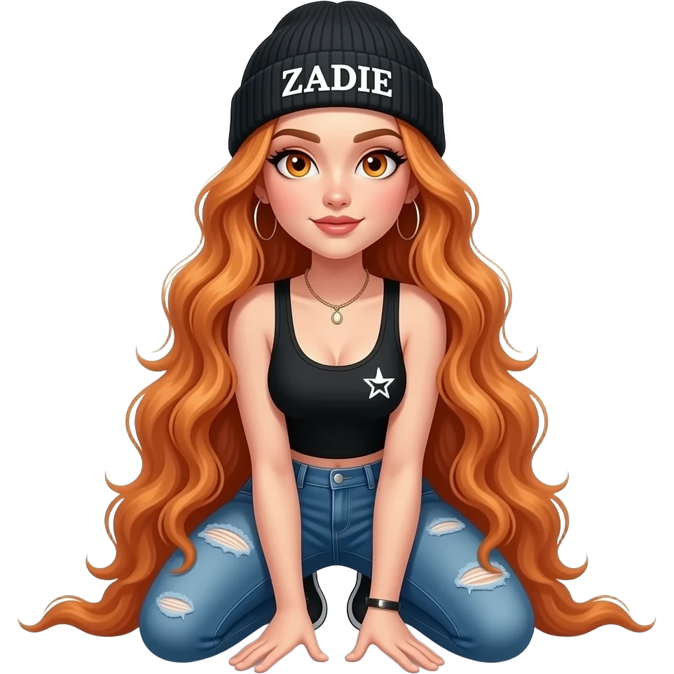 sexy girl with overlong wavy ginger hair and ginger eyes wearing a black tanktop and a black beanie with ZADIE written on it,  knees on the floor emoji